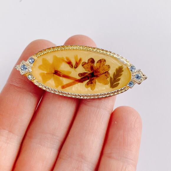 VTG 1950s Brooch Dried Flower Glass Rhinestones Lucite Navette Silver Tone Pin - Picture 2 of 11